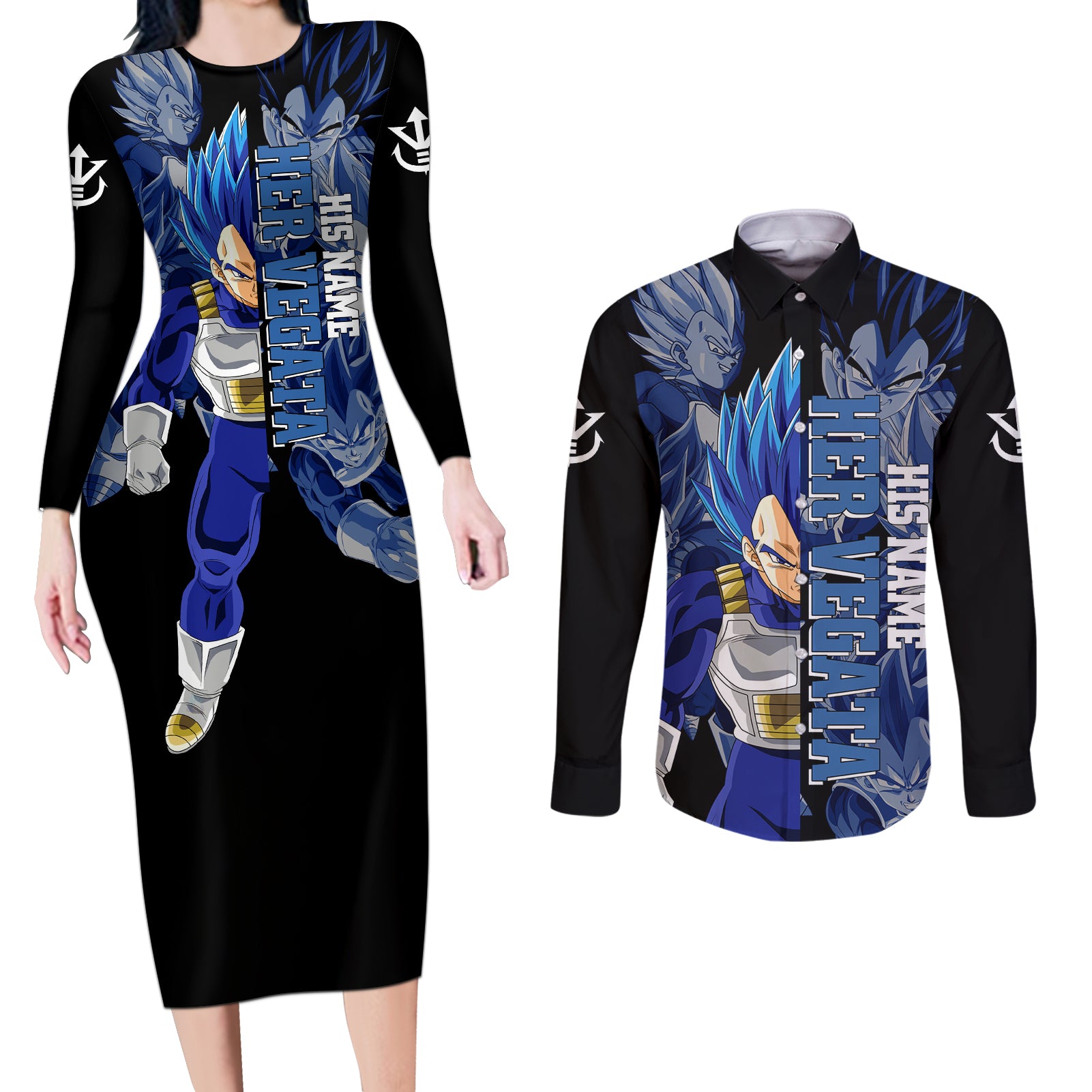 Vegeta Couples Matching Long Sleeve Bodycon Dress and Long Sleeve Button Shirt Dragon Ball