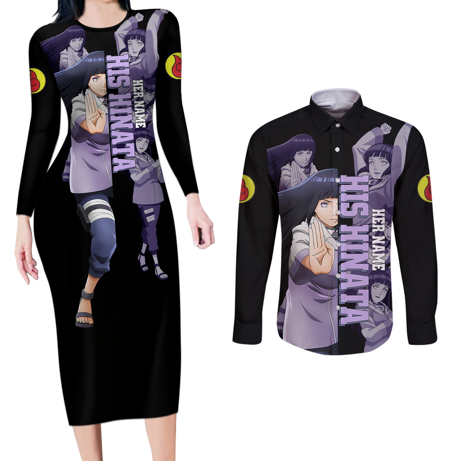 Hinata Hyuga Couples Matching Long Sleeve Bodycon Dress and Long Sleeve Button Shirt Dragon Ball