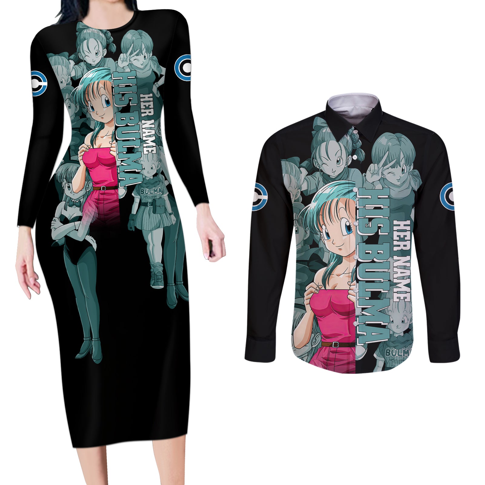 Bulma Couples Matching Long Sleeve Bodycon Dress and Long Sleeve Button Shirt Dragon Ball