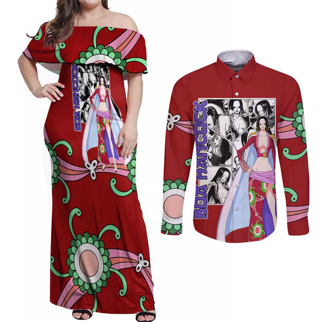 Boa Hancock - One Piece Couples Matching Off Shoulder Maxi Dress and Long Sleeve Button Shirt Anime Mix Manga Style