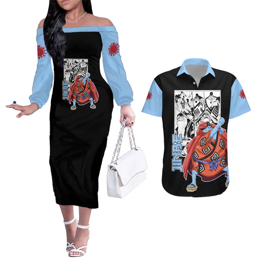 Jinbe - One Piece Couples Matching Off The Shoulder Long Sleeve Dress and Hawaiian Shirt Anime Mix Manga Style