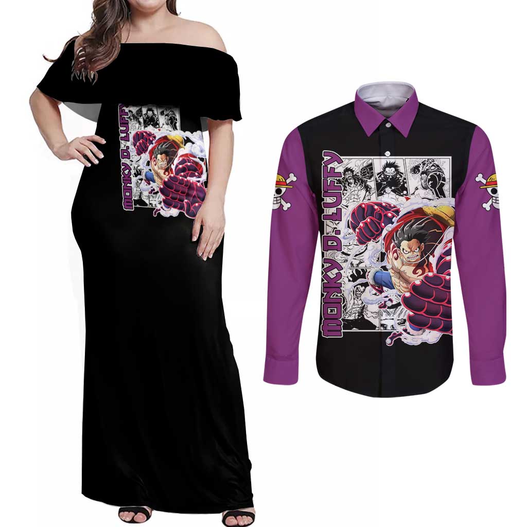 Luffy Gear 4 - One Piece Couples Matching Off Shoulder Maxi Dress and Long Sleeve Button Shirt Anime Mix Manga Style