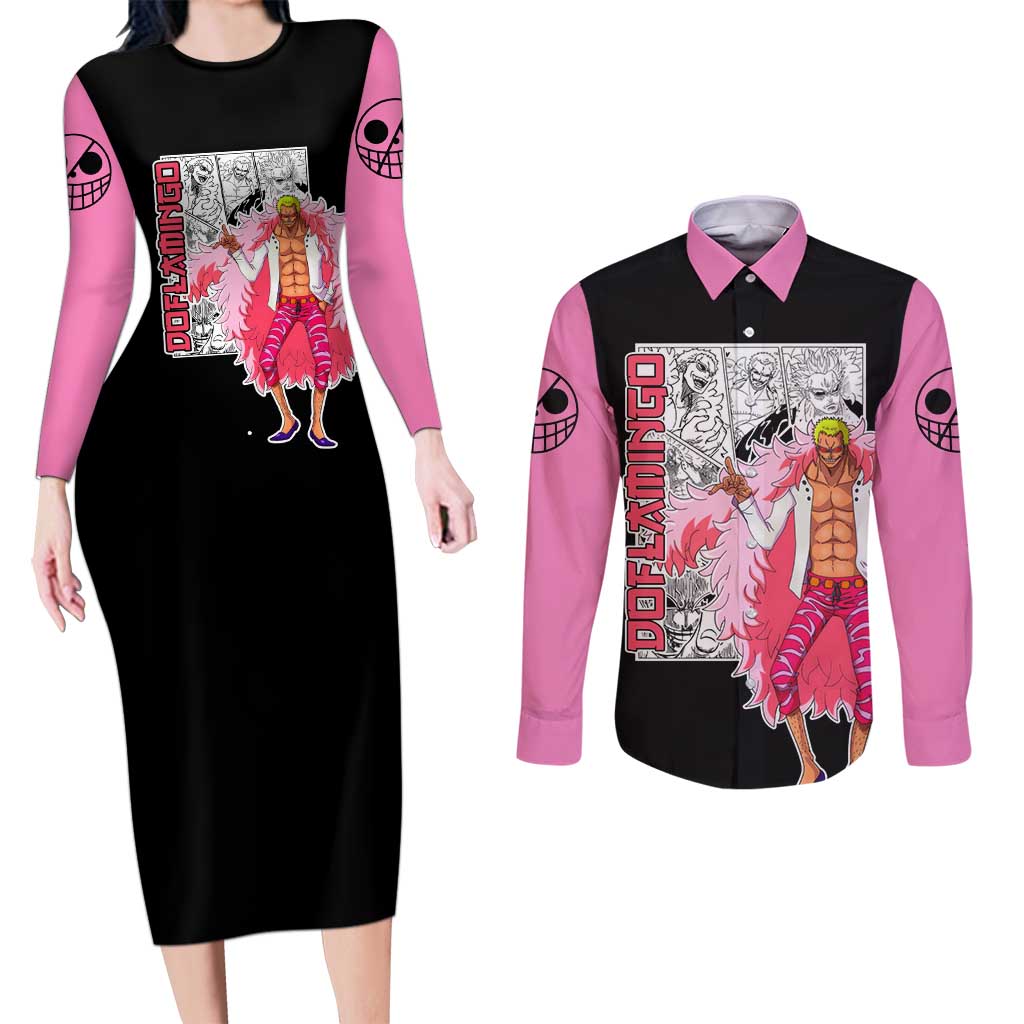 Doflamingo - One Piece Couples Matching Long Sleeve Bodycon Dress and Long Sleeve Button Shirt Anime Mix Manga Style