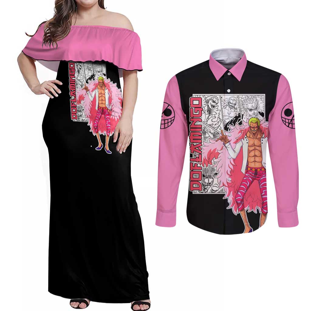 Doflamingo - One Piece Couples Matching Off Shoulder Maxi Dress and Long Sleeve Button Shirt Anime Mix Manga Style