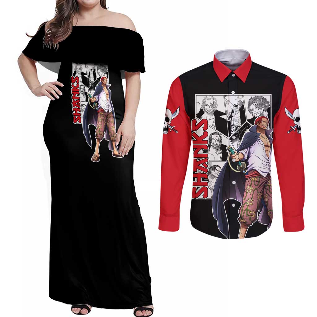 Yonko Shanks - One Piece Couples Matching Off Shoulder Maxi Dress and Long Sleeve Button Shirt Anime Mix Manga Style