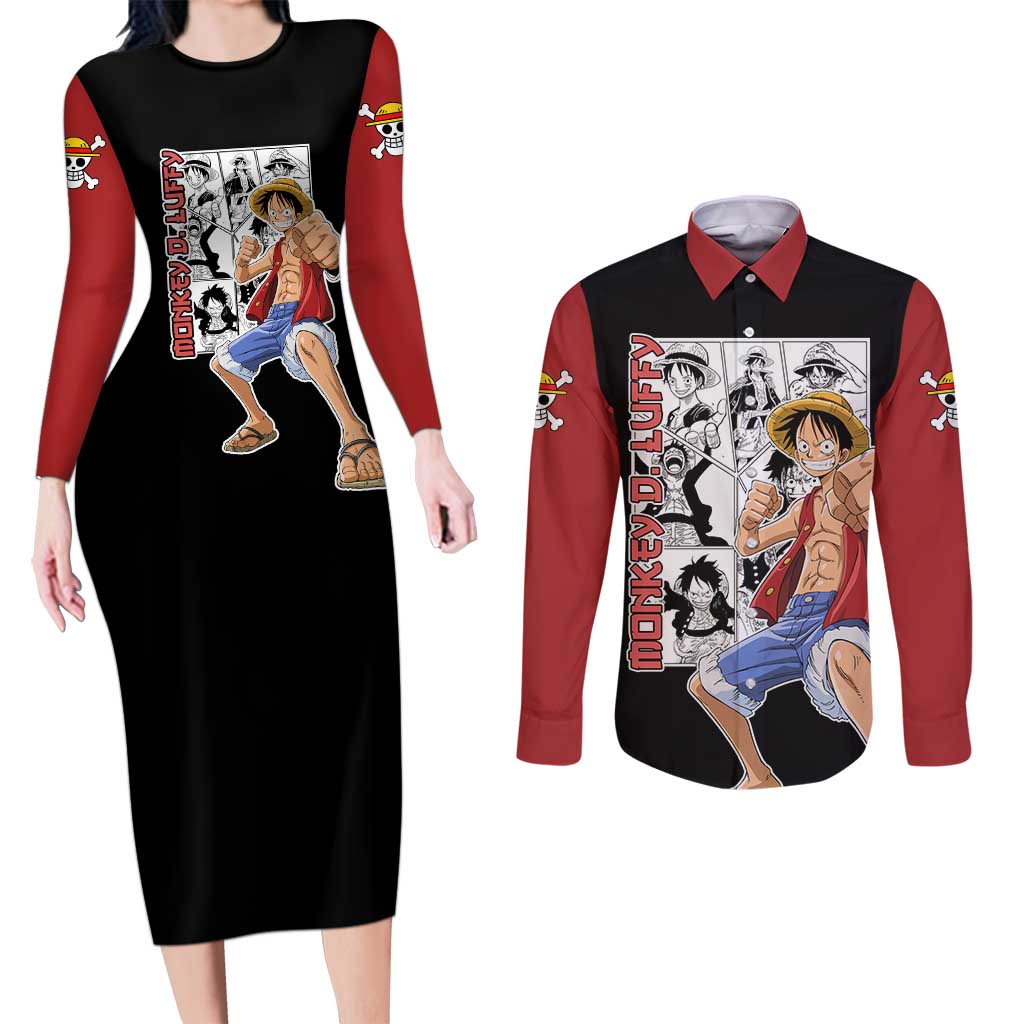 Monkey D. Luffy - One Piece Couples Matching Long Sleeve Bodycon Dress and Long Sleeve Button Shirt Anime Mix Manga Style