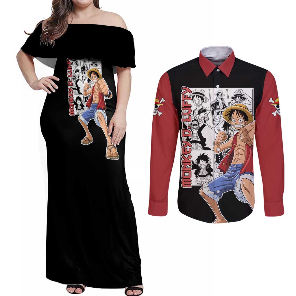 Monkey D. Luffy - One Piece Couples Matching Off Shoulder Maxi Dress and Long Sleeve Button Shirt Anime Mix Manga Style