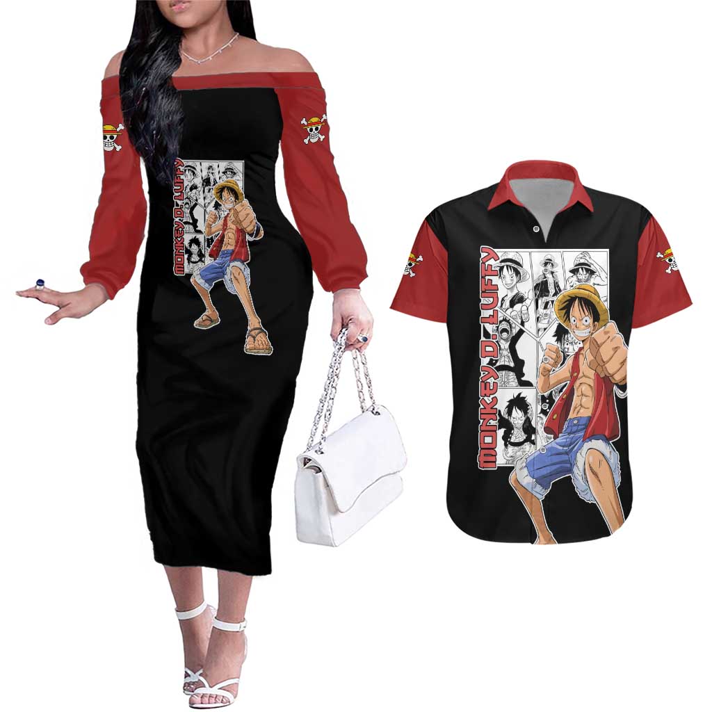 Monkey D. Luffy - One Piece Couples Matching Off The Shoulder Long Sleeve Dress and Hawaiian Shirt Anime Mix Manga Style