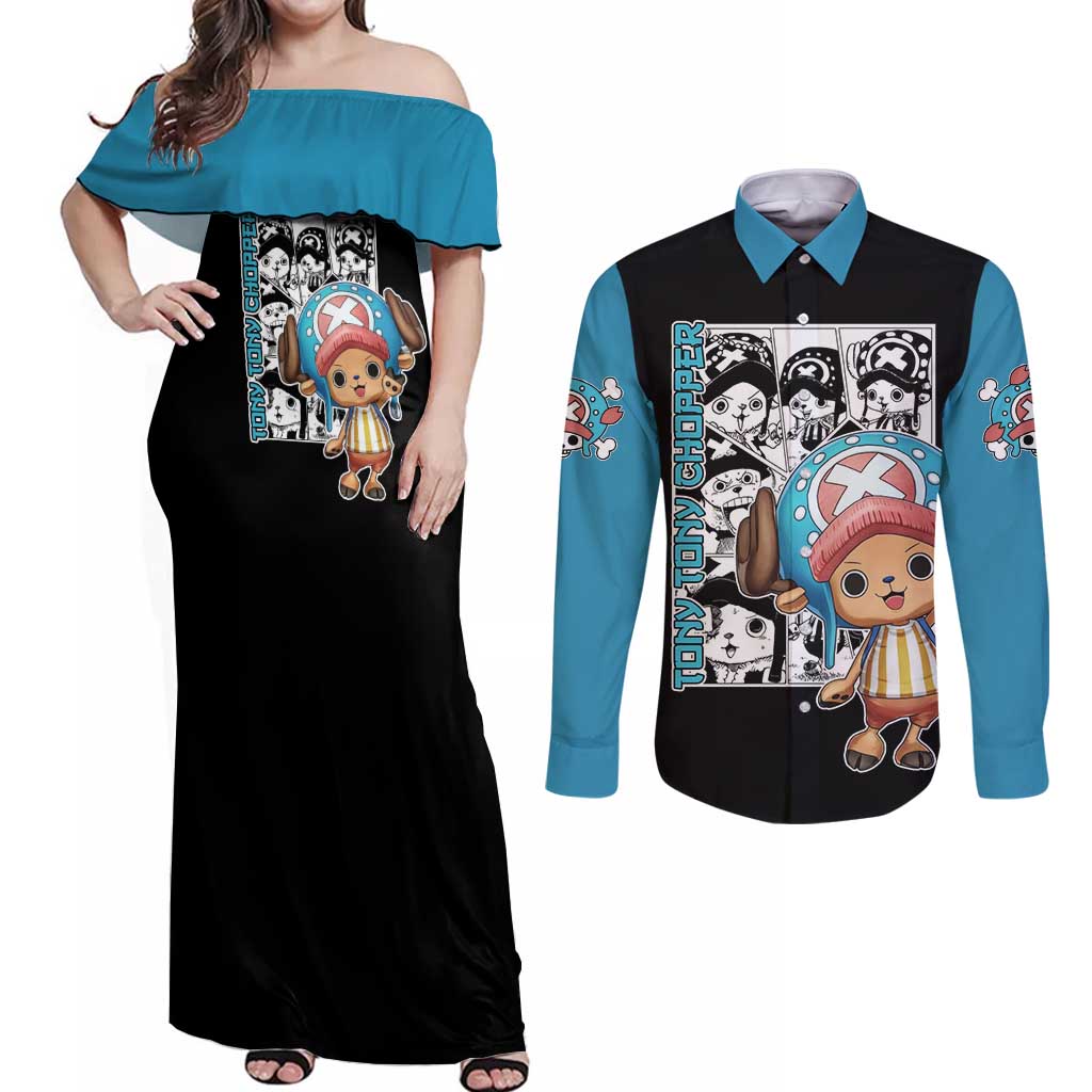 Tony Tony Chopper - One Piece Couples Matching Off Shoulder Maxi Dress and Long Sleeve Button Shirt Anime Mix Manga Style