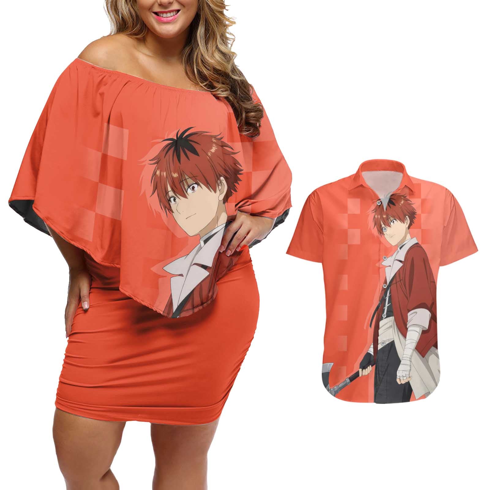 Stark - Frieren Couples Matching Off Shoulder Short Dress and Hawaiian Shirt Anime Style