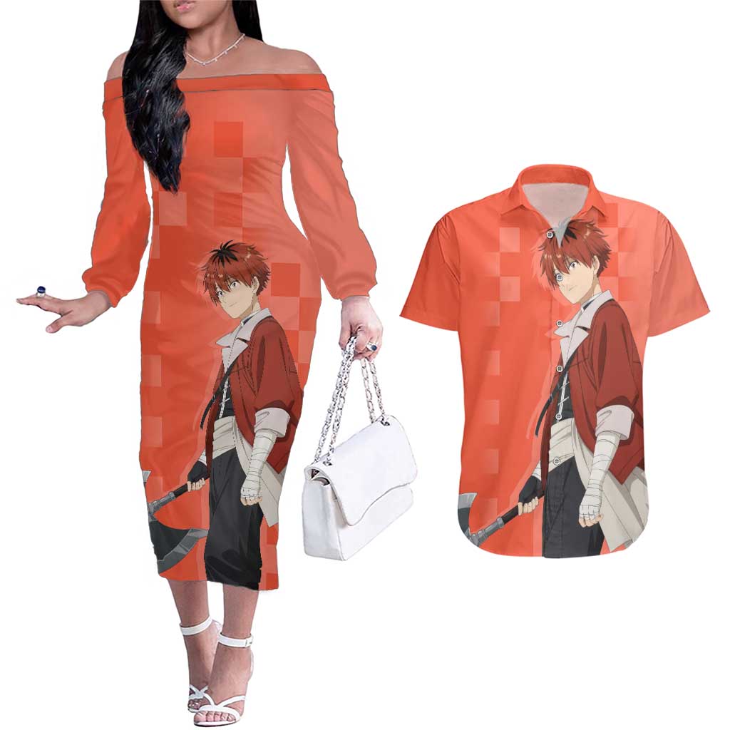 Stark - Frieren Couples Matching Off The Shoulder Long Sleeve Dress and Hawaiian Shirt Anime Style