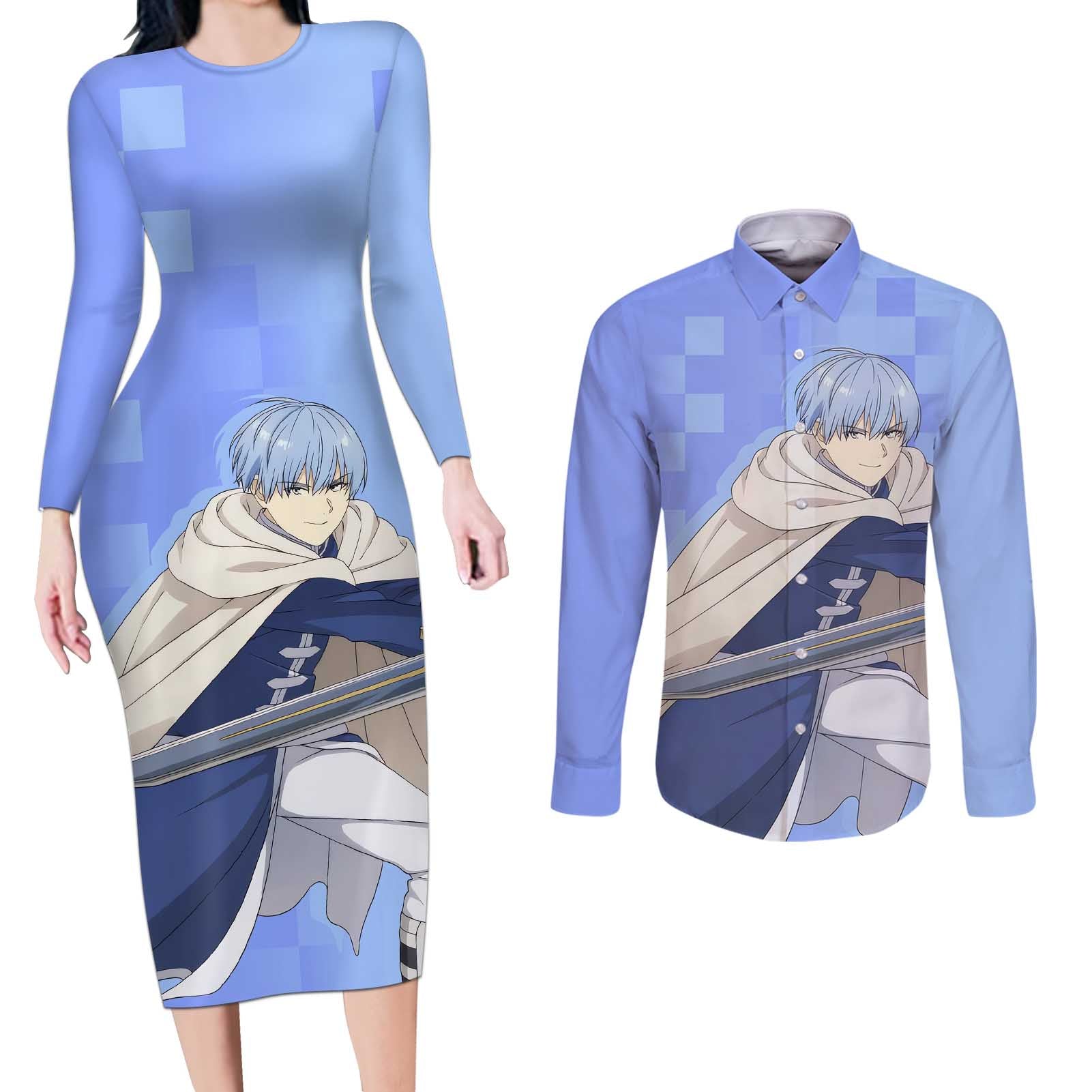 Himmel - Frieren Couples Matching Long Sleeve Bodycon Dress and Long Sleeve Button Shirt Anime Style