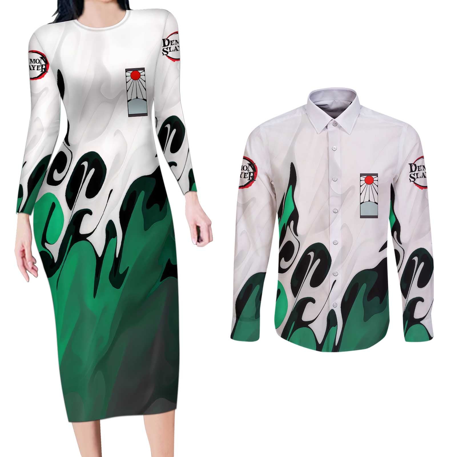 Tanjiro Kamado - Demon Slayer Couples Matching Long Sleeve Bodycon Dress and Long Sleeve Button Shirt Anime Style