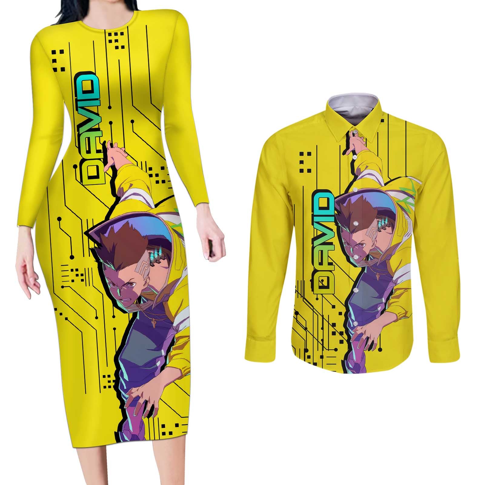 David - Cyberpunk Edgerunners Couples Matching Long Sleeve Bodycon Dress and Long Sleeve Button Shirt Anime Style