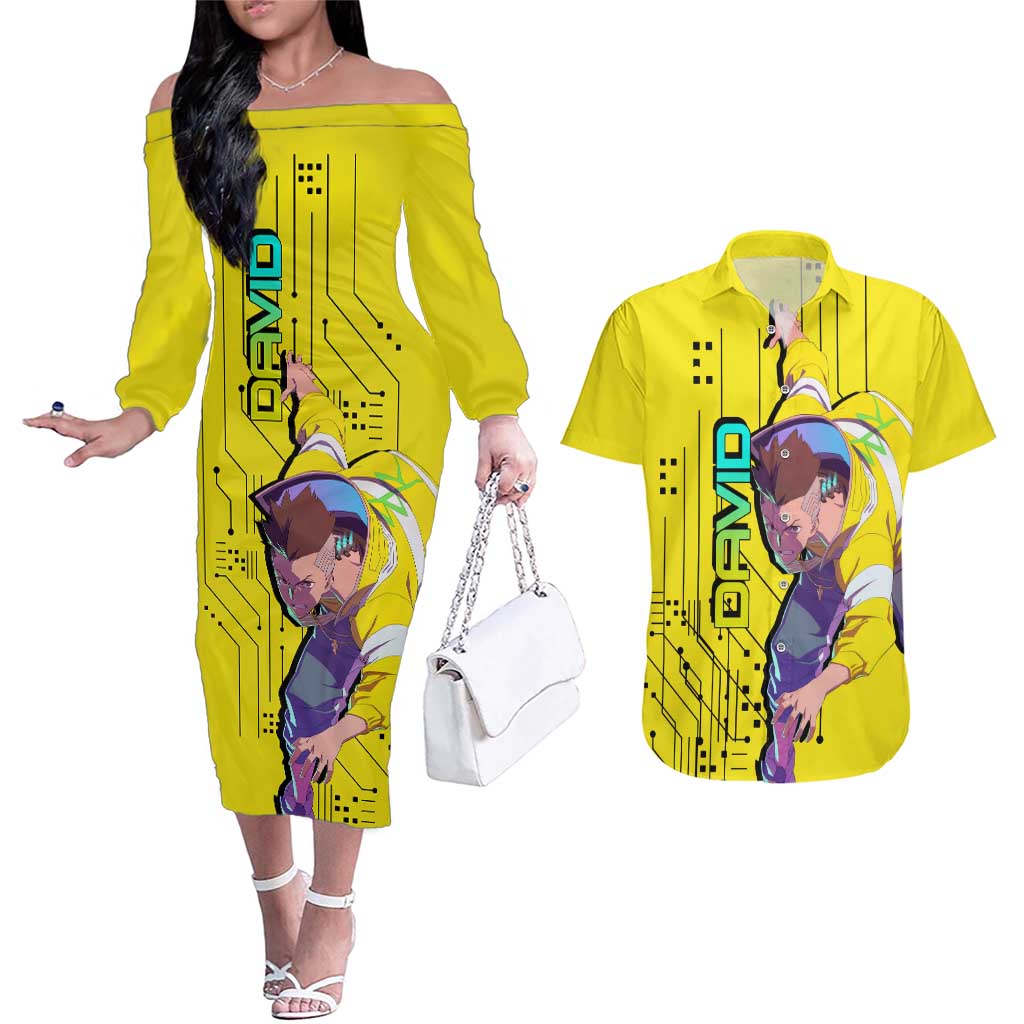 David - Cyberpunk Edgerunners Couples Matching Off The Shoulder Long Sleeve Dress and Hawaiian Shirt Anime Style