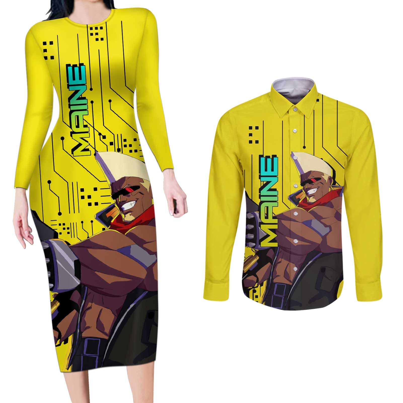 Maine - Cyberpunk Edgerunners Couples Matching Long Sleeve Bodycon Dress and Long Sleeve Button Shirt Anime Style