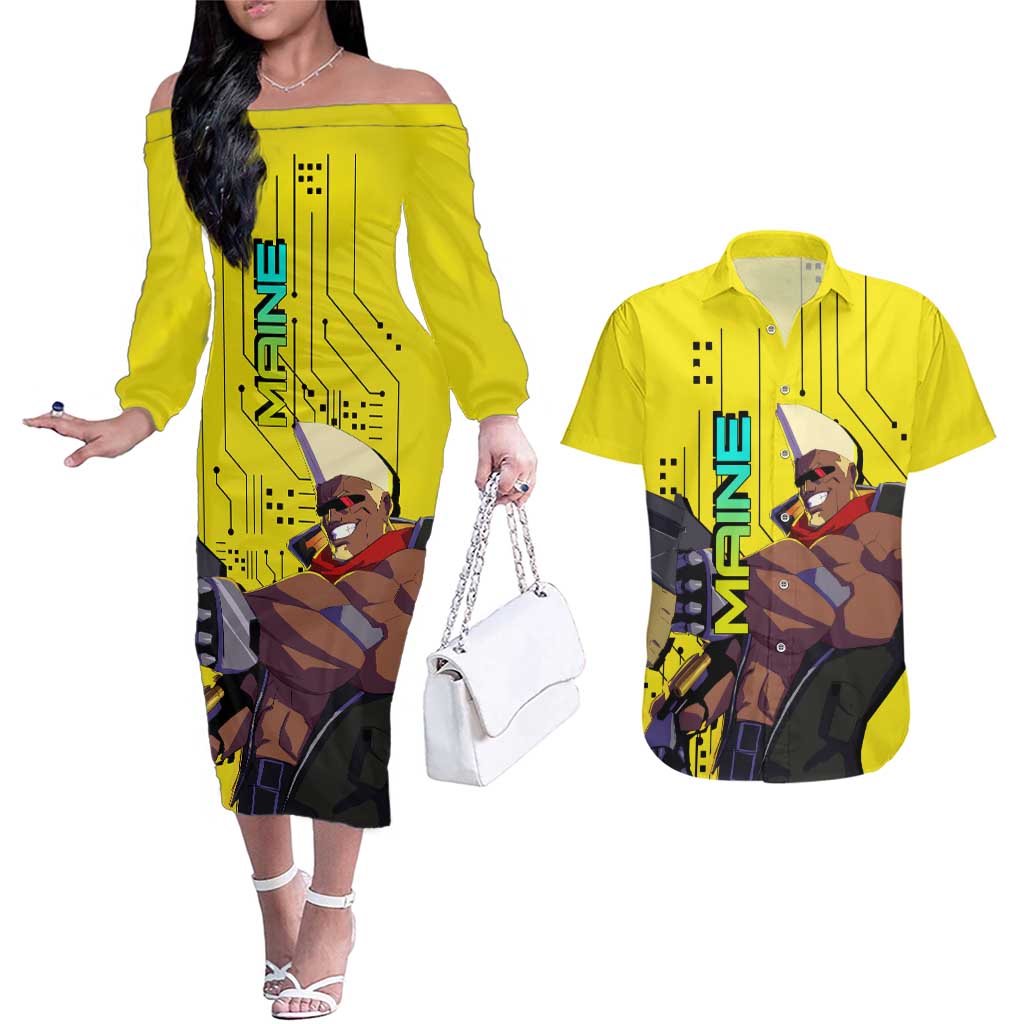 Maine - Cyberpunk Edgerunners Couples Matching Off The Shoulder Long Sleeve Dress and Hawaiian Shirt Anime Style