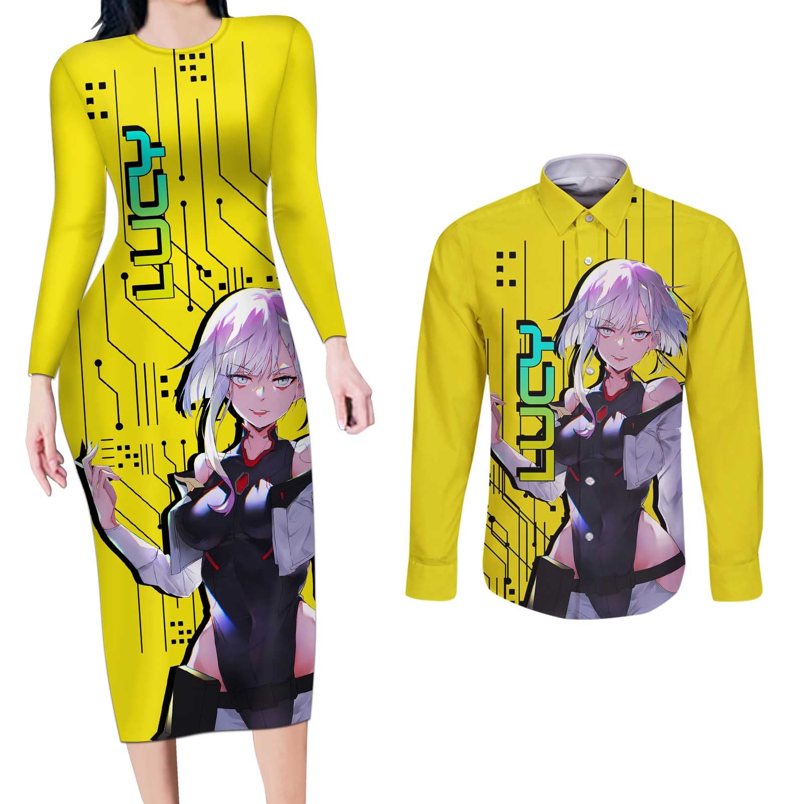 Lucy - Cyberpunk Edgerunners Couples Matching Long Sleeve Bodycon Dress and Long Sleeve Button Shirt Anime Style