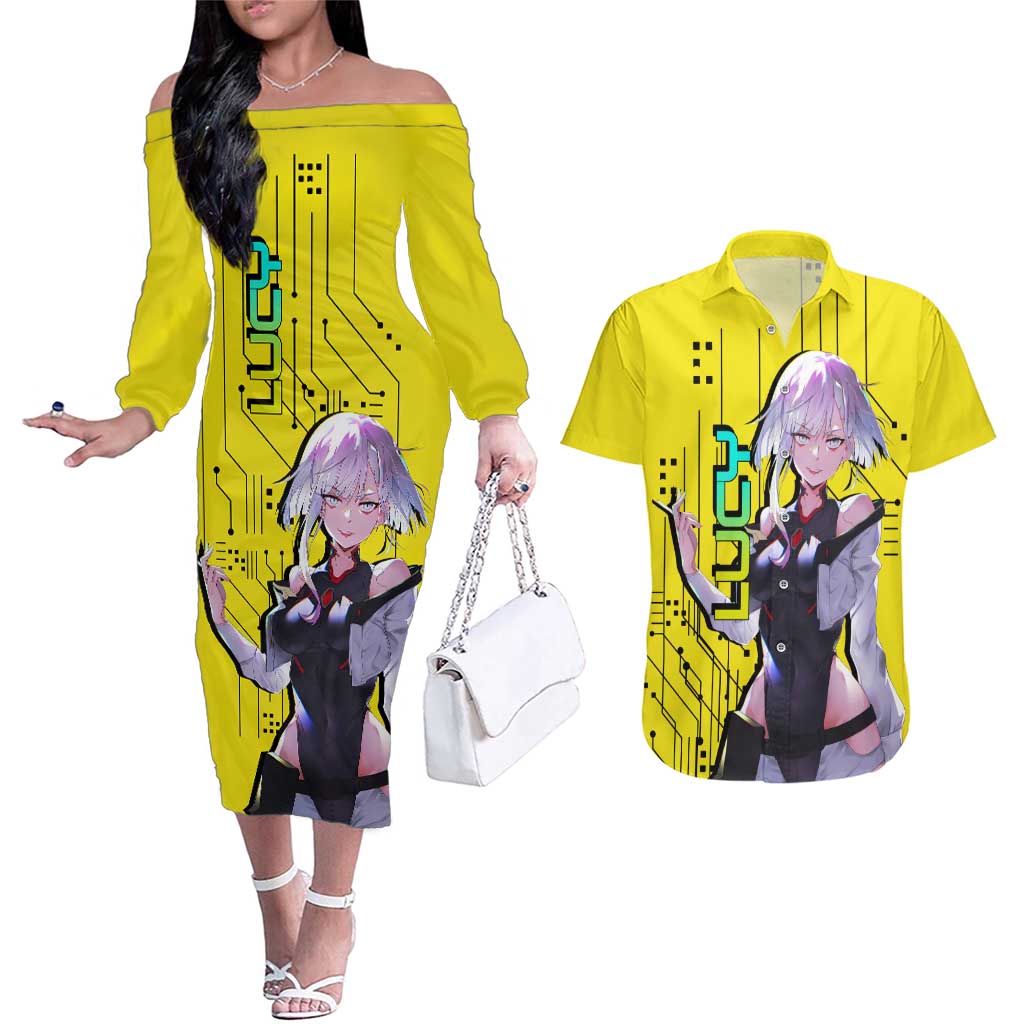 Lucy - Cyberpunk Edgerunners Couples Matching Off The Shoulder Long Sleeve Dress and Hawaiian Shirt Anime Style