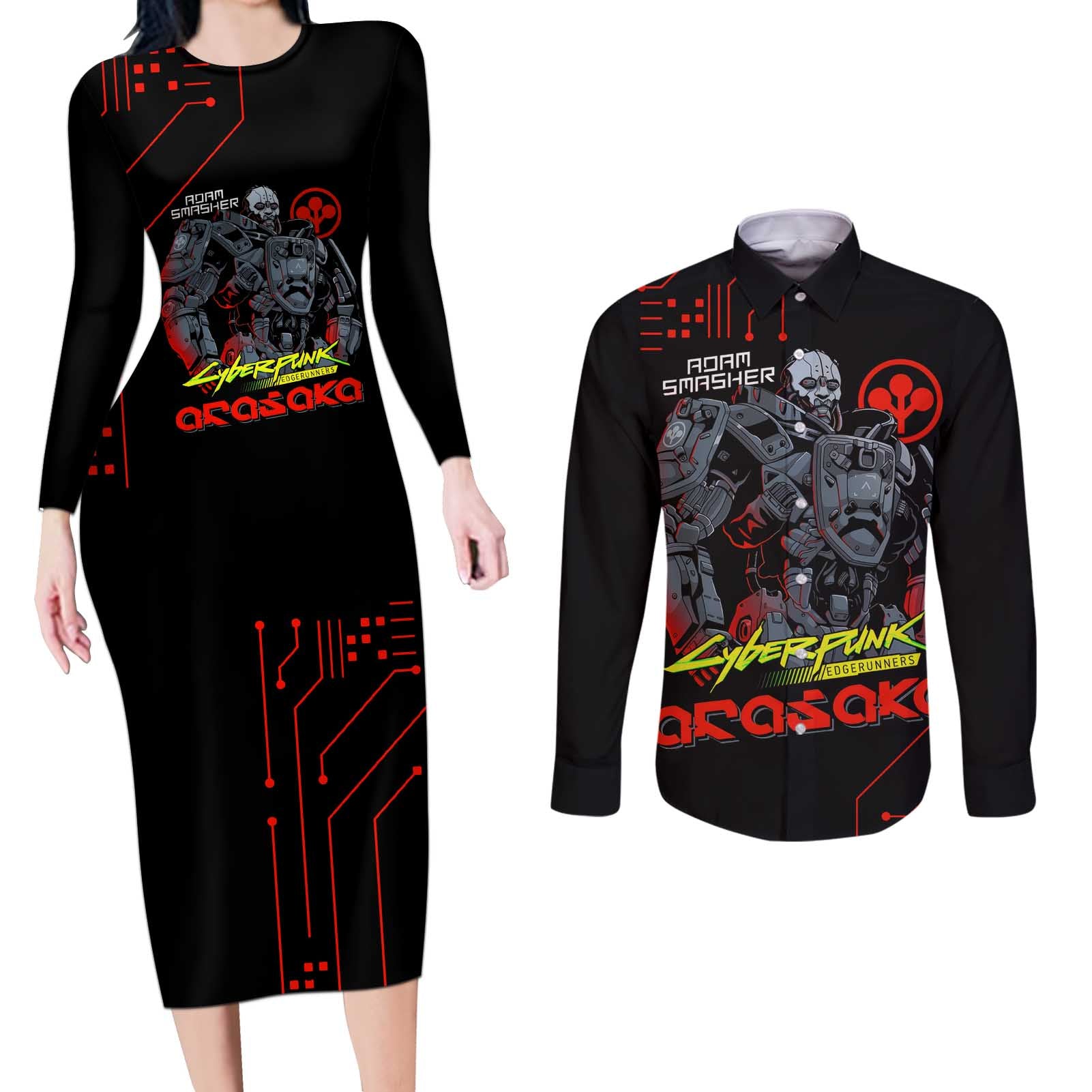 Adam Smasher - Cyberpunk Edgerunners Couples Matching Long Sleeve Bodycon Dress and Long Sleeve Button Shirt Anime Style