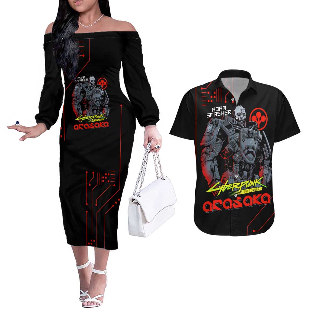 Adam Smasher - Cyberpunk Edgerunners Couples Matching Off The Shoulder Long Sleeve Dress and Hawaiian Shirt Anime Style