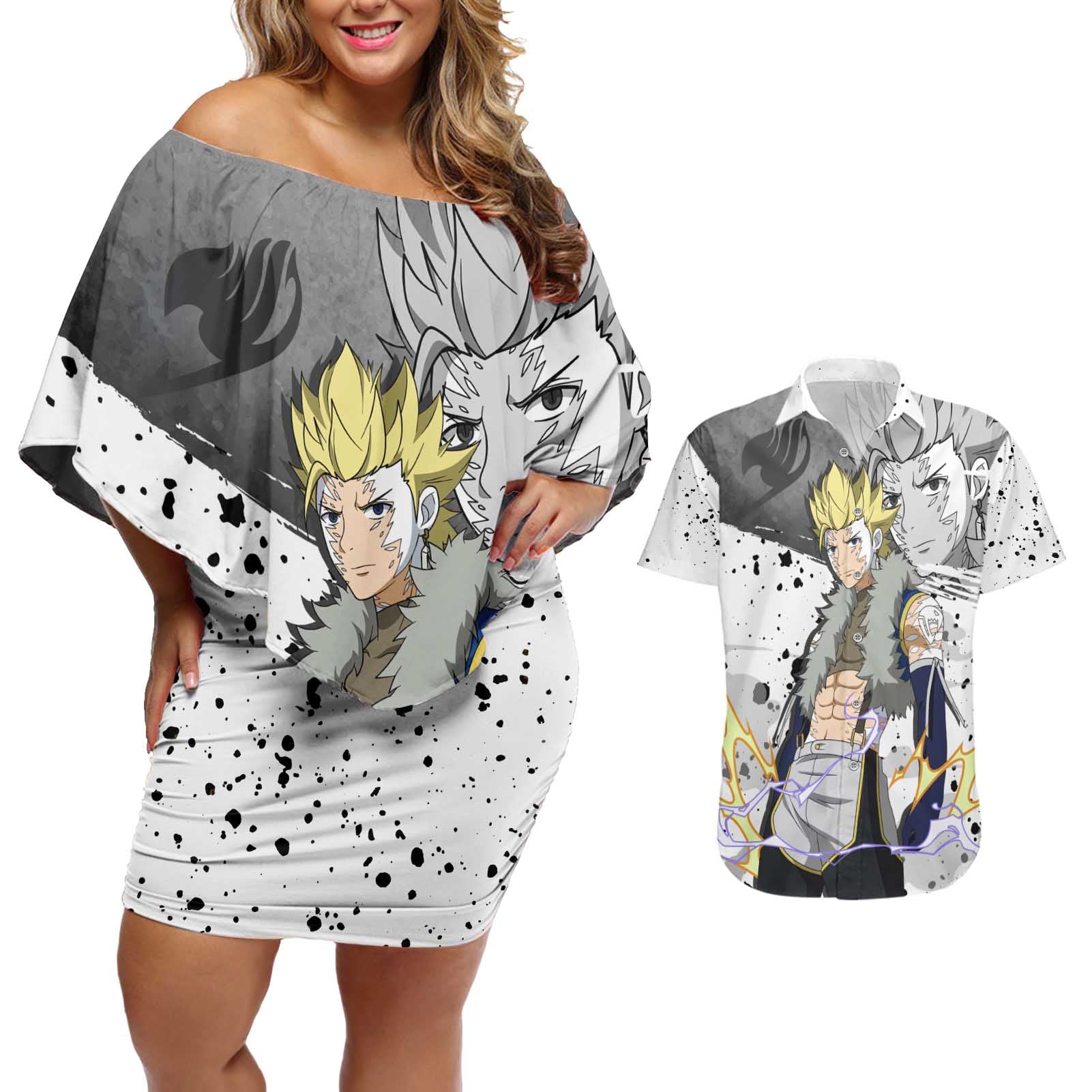 Sabertooth Sting Eucliffe - Fairy Tail Couples Matching Off Shoulder Short Dress and Hawaiian Shirt Anime Style