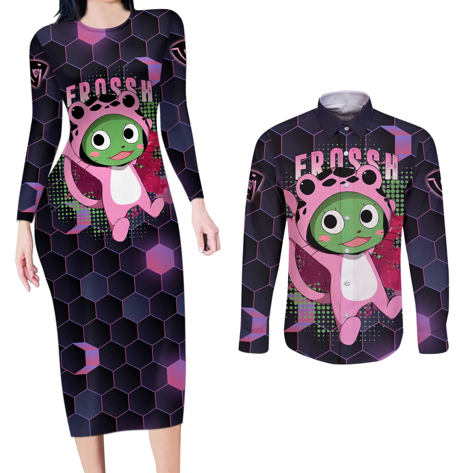 Sabertooth Frosch - Fairy Tail Couples Matching Long Sleeve Bodycon Dress and Long Sleeve Button Shirt Anime Style