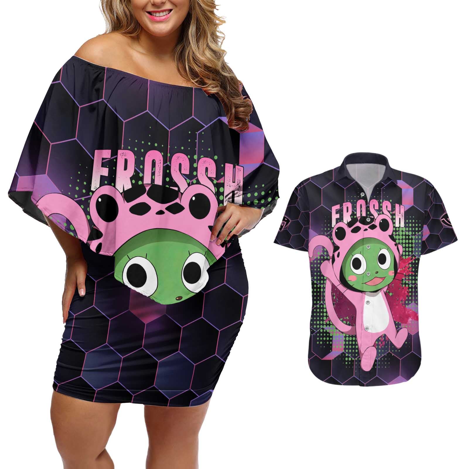 Sabertooth Frosch - Fairy Tail Couples Matching Off Shoulder Short Dress and Hawaiian Shirt Anime Style