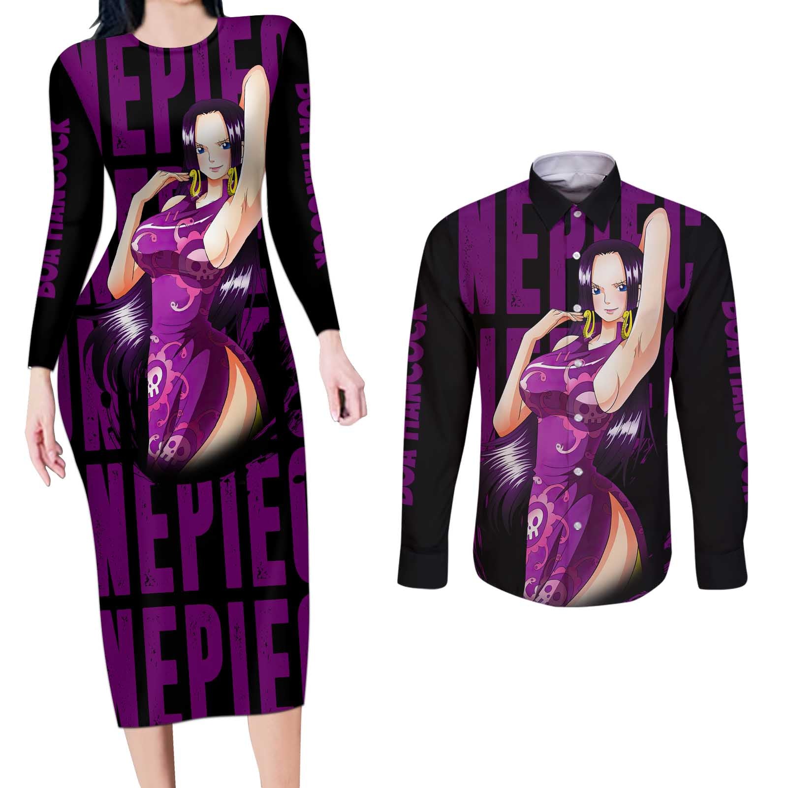 Boa Hancok - One Piece Couples Matching Long Sleeve Bodycon Dress and Long Sleeve Button Shirt Anime Style