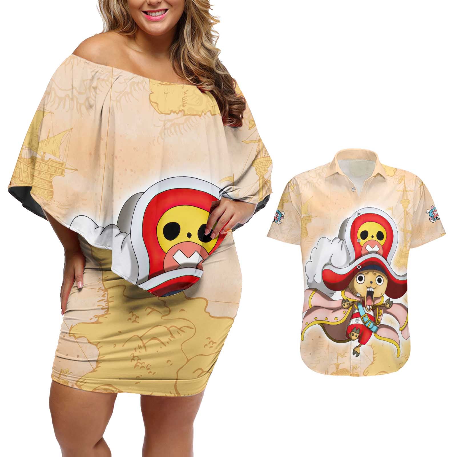 Tony Tony Chopper - One Piece Couples Matching Off Shoulder Short Dress and Hawaiian Shirt Anime Style