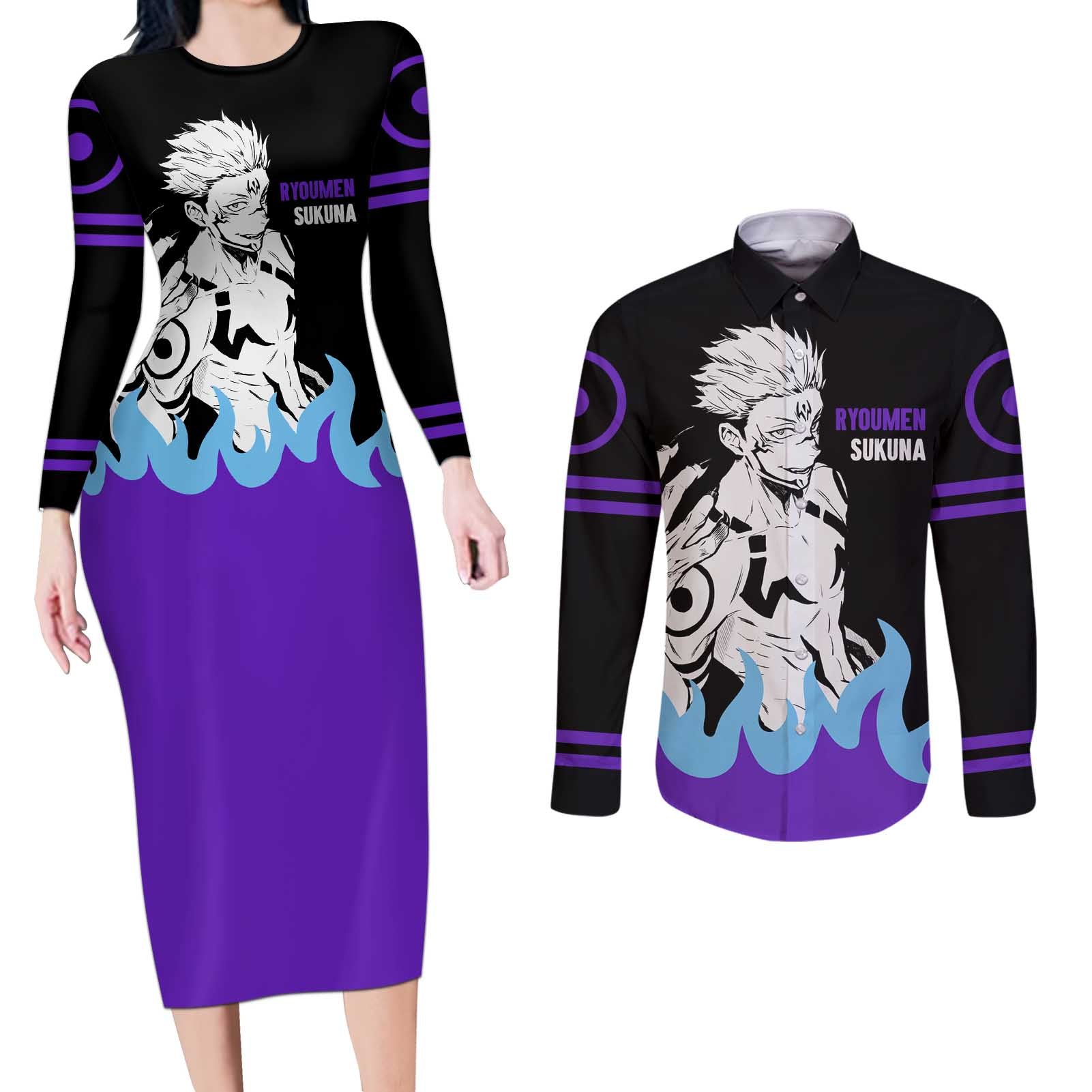 Ryoumen Sukuna - Jujutsu Kaisen Couples Matching Long Sleeve Bodycon Dress and Long Sleeve Button Shirt Anime Style