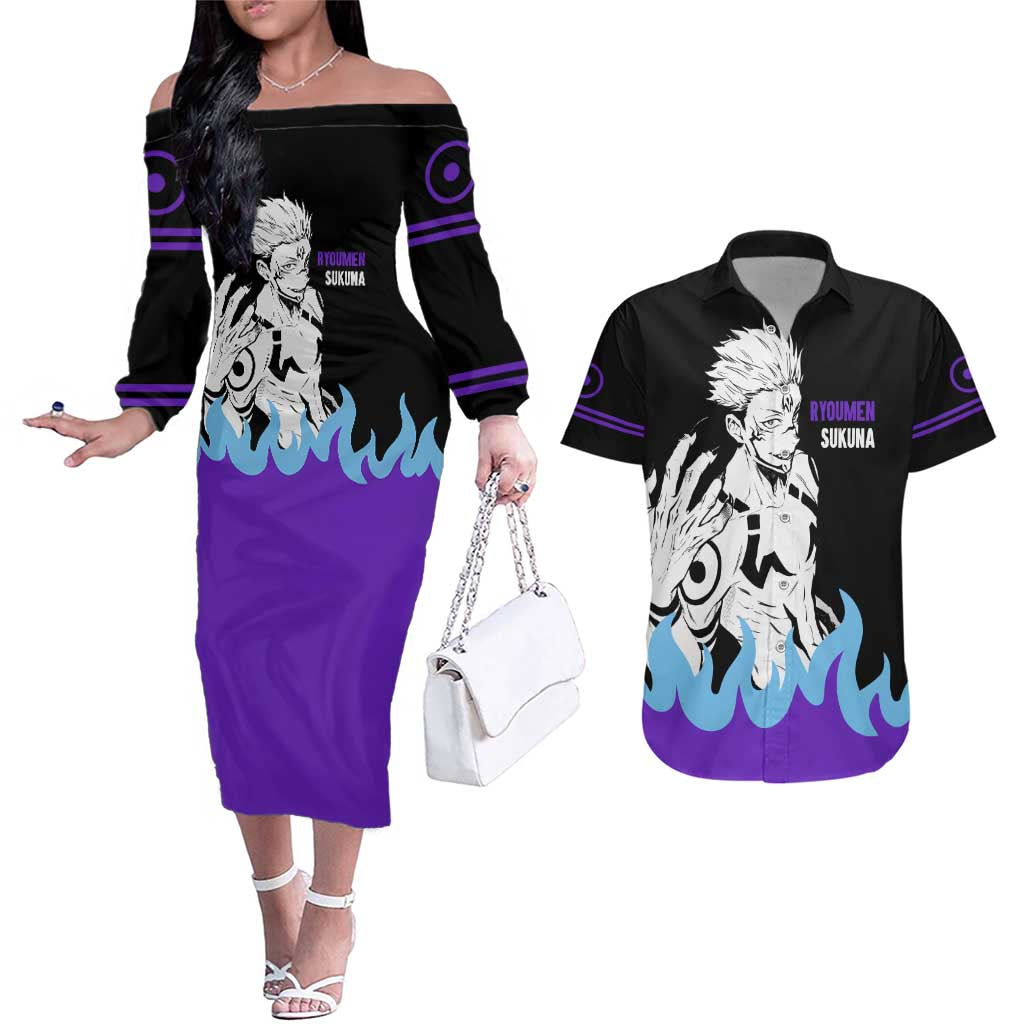 Ryoumen Sukuna - Jujutsu Kaisen Couples Matching Off The Shoulder Long Sleeve Dress and Hawaiian Shirt Anime Style