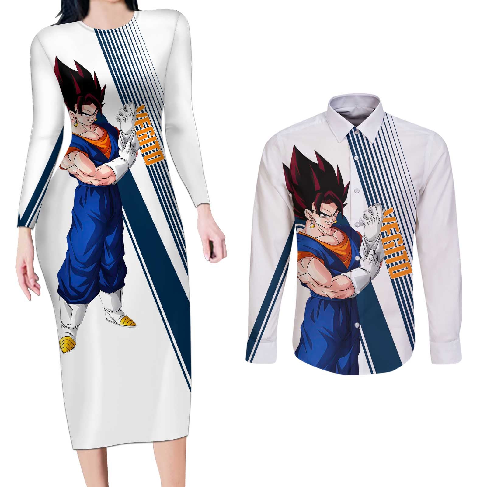 Vegito - Dragon Ball Couples Matching Long Sleeve Bodycon Dress and Long Sleeve Button Shirt Anime Style