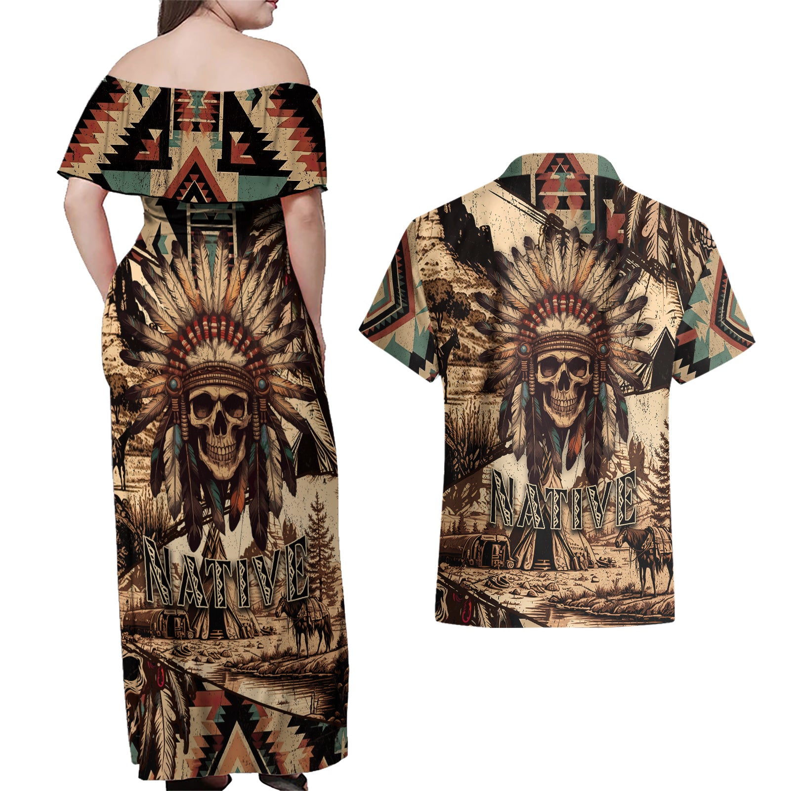 native-american-skull-couples-matching-off-shoulder-maxi-dress-and-hawaiian-shirt-with-tribal-prints