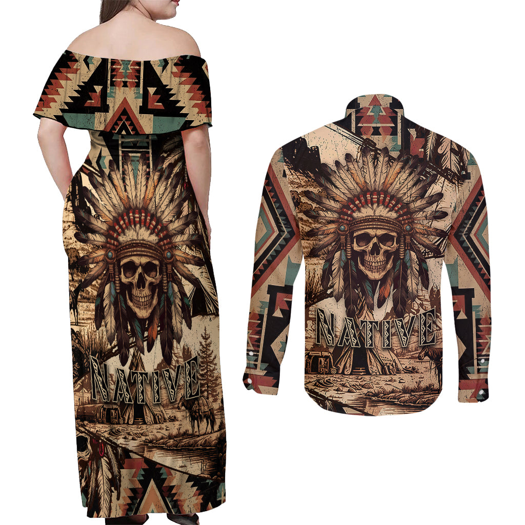 native-american-skull-couples-matching-off-shoulder-maxi-dress-and-long-sleeve-button-shirts-with-tribal-prints