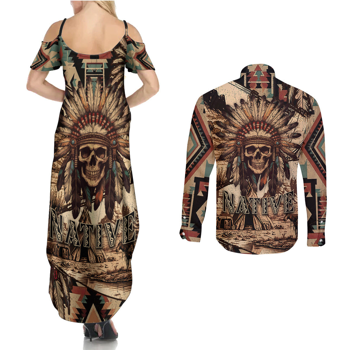 native-american-skull-couples-matching-summer-maxi-dress-and-long-sleeve-button-shirts-with-tribal-prints