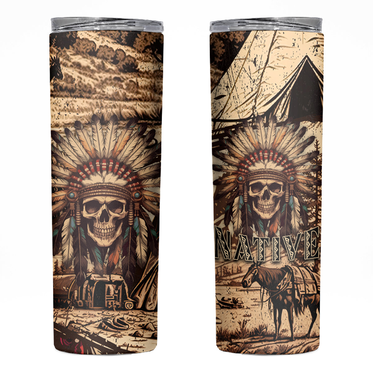 Native American Skull Skinny Tumbler with Tribal Prints