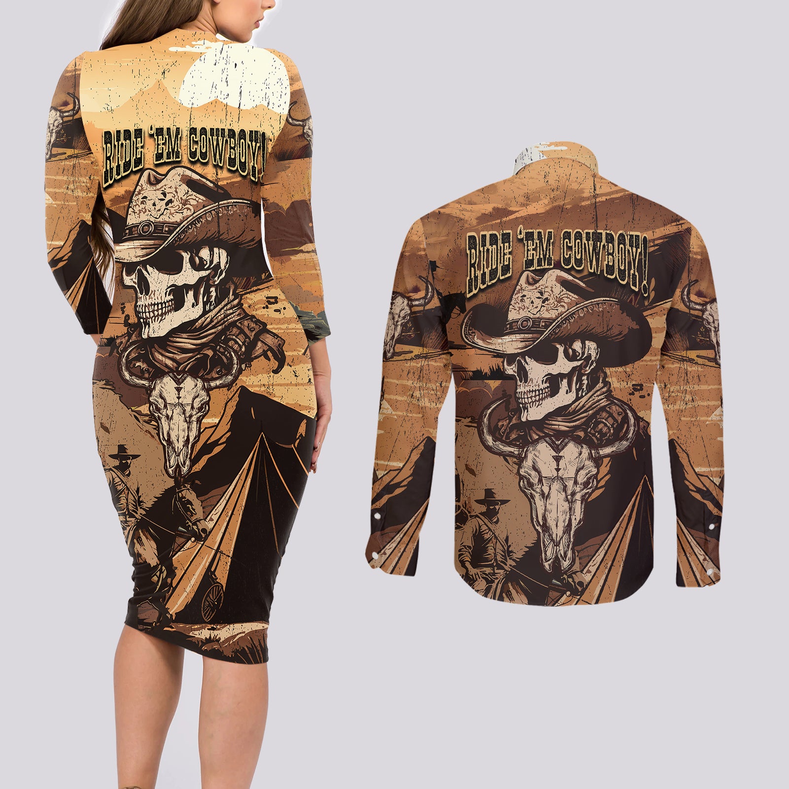 skull-cowboy-couples-matching-long-sleeve-bodycon-dress-and-long-sleeve-button-shirts-rise-em-cowboy