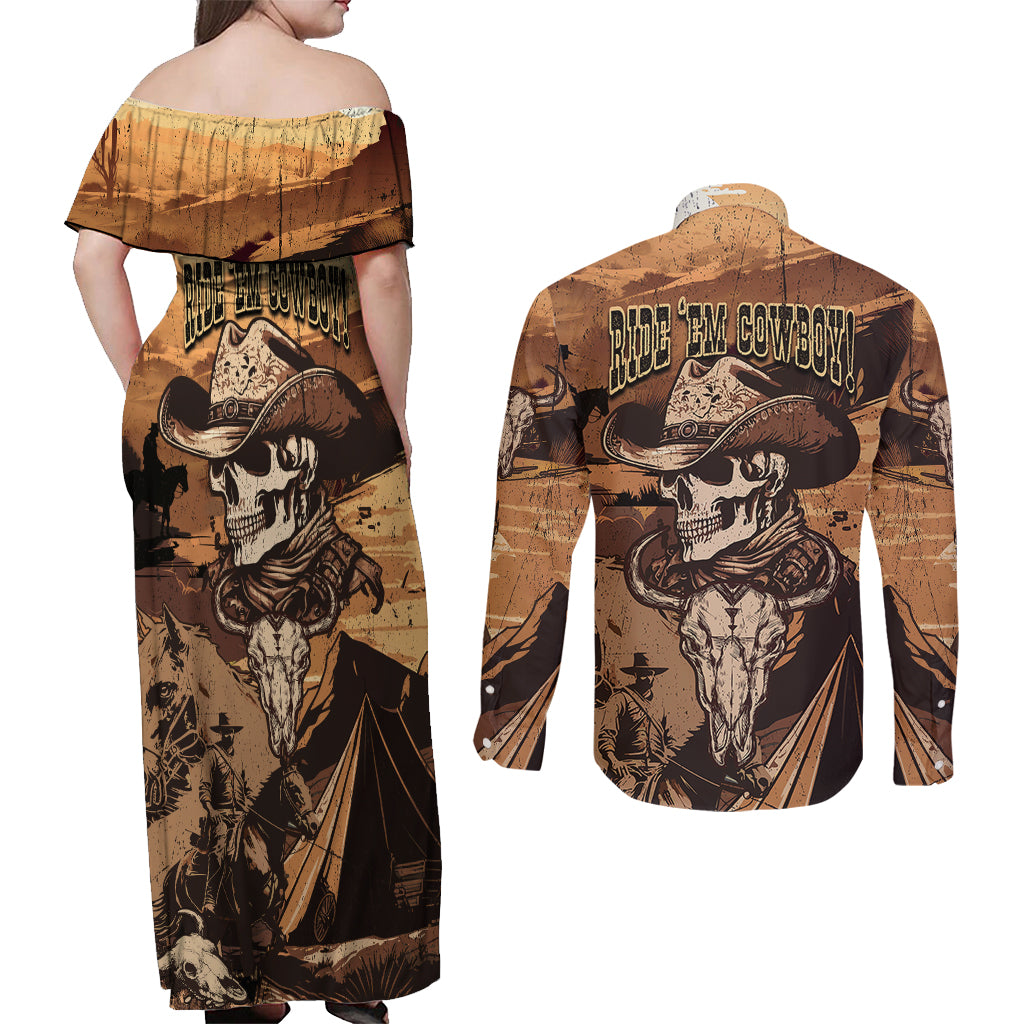 skull-cowboy-couples-matching-off-shoulder-maxi-dress-and-long-sleeve-button-shirts-rise-em-cowboy