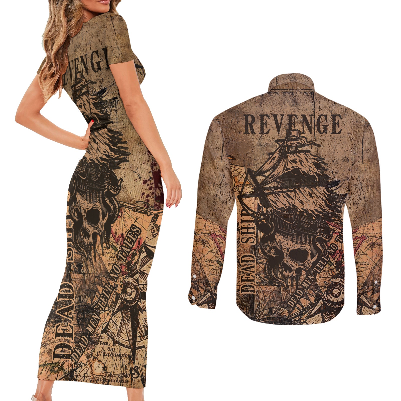 skull-pirate-couples-matching-short-sleeve-bodycon-dress-and-long-sleeve-button-shirts-revenge-vintage-style-art