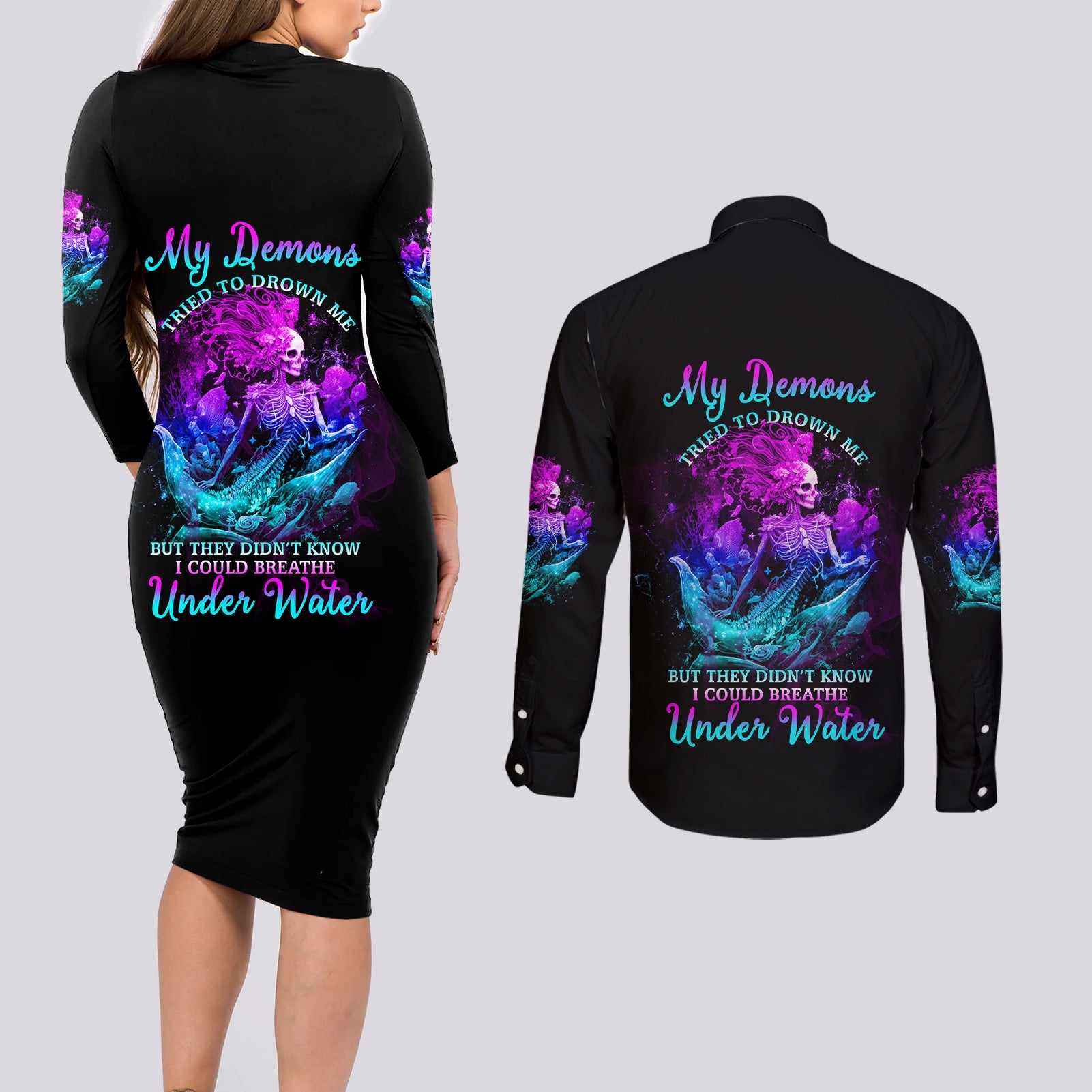 my-demons-tried-to-drown-me-mermaid-couples-matching-long-sleeve-bodycon-dress-and-long-sleeve-button-shirt