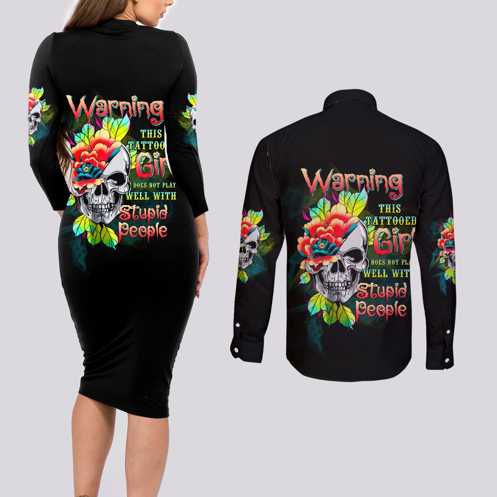 warning-this-tattooed-girl-flower-couples-matching-long-sleeve-bodycon-dress-and-long-sleeve-button-shirt