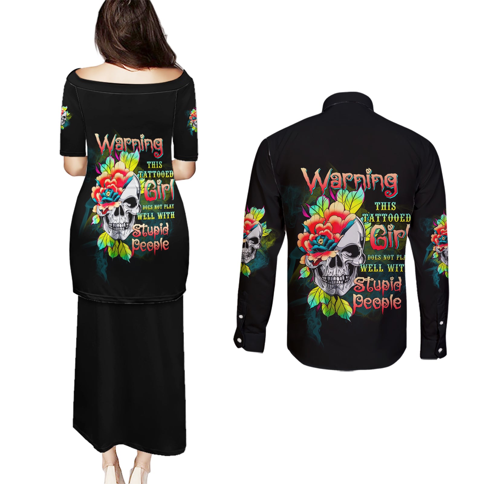 warning-this-tattooed-girl-flower-couples-matching-puletasi-dress-and-long-sleeve-button-shirt