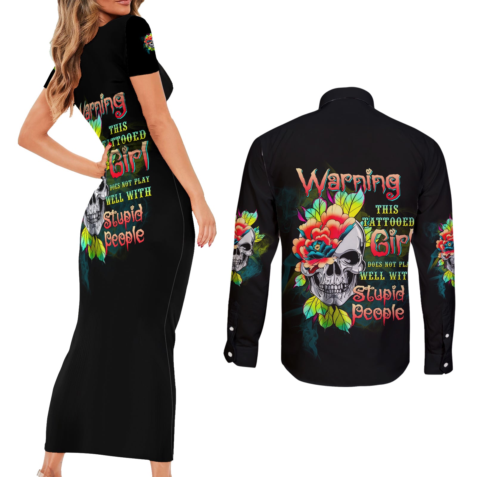 warning-this-tattooed-girl-flower-couples-matching-short-sleeve-bodycon-dress-and-long-sleeve-button-shirt