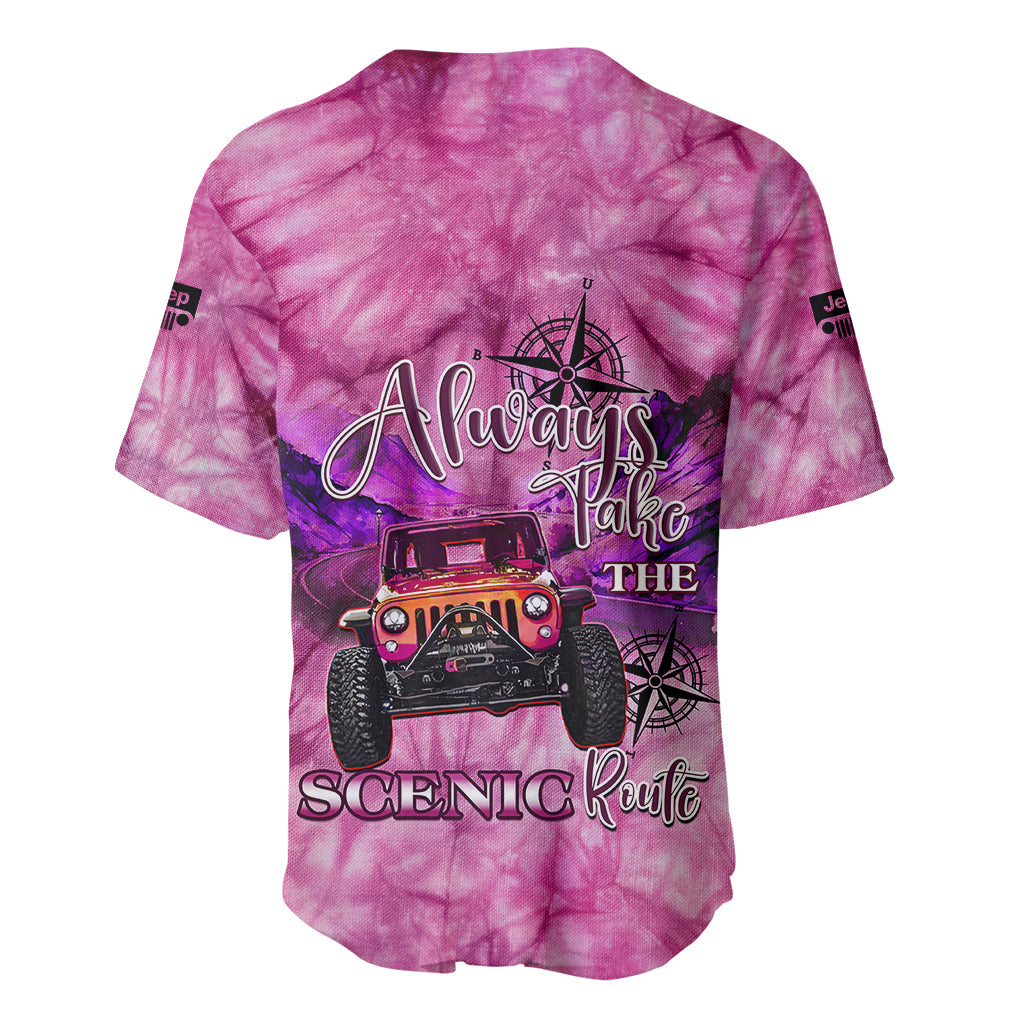 pink-jeep-tie-dye-baseball-jersey-always-take-the-scenic-route