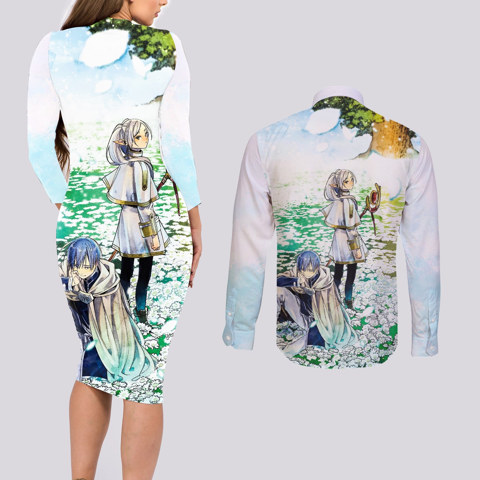 Frieren Anime Couples Matching Long Sleeve Bodycon Dress and Long Sleeve Button Shirt Flowers Field