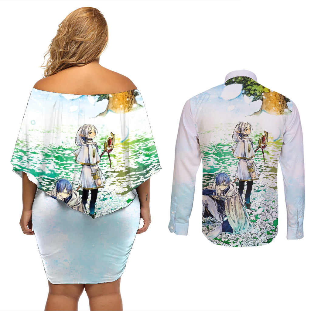 Frieren Anime Couples Matching Off Shoulder Short Dress and Long Sleeve Button Shirt Flowers Field