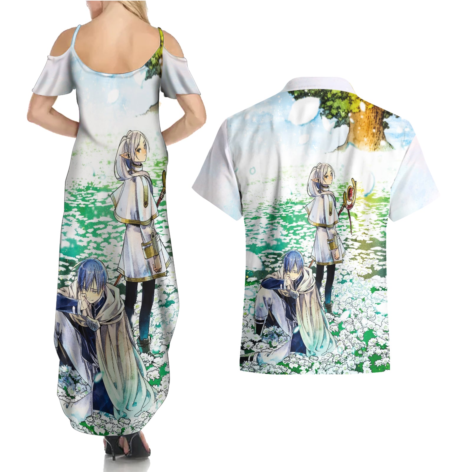 Frieren Anime Couples Matching Summer Maxi Dress and Hawaiian Shirt Flowers Field