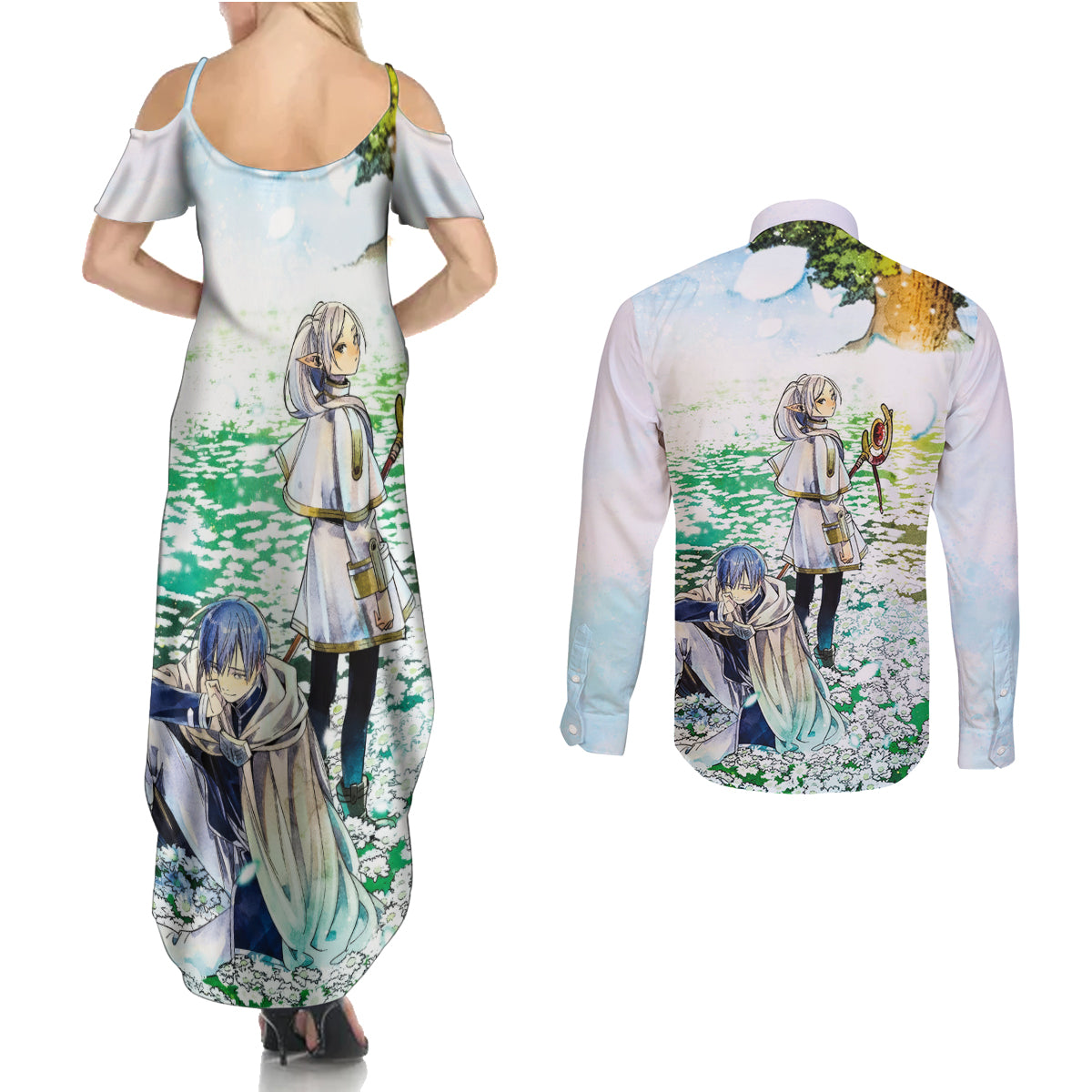 Frieren Anime Couples Matching Summer Maxi Dress and Long Sleeve Button Shirt Flowers Field